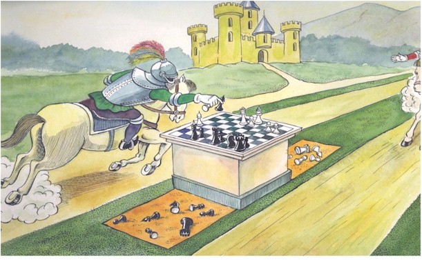 Russian cartoon, knights playing chess