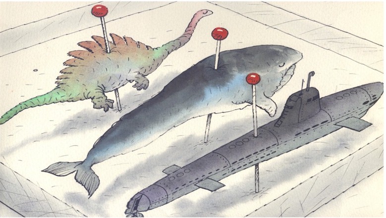 Russian cartoon, submarine weak as sharks