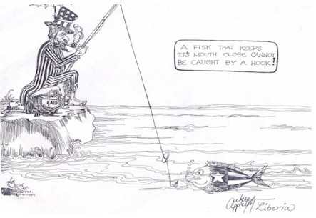 African cartoon, Uncle Sam fishing