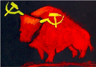 Israel cartoon, bull horn Russia sign