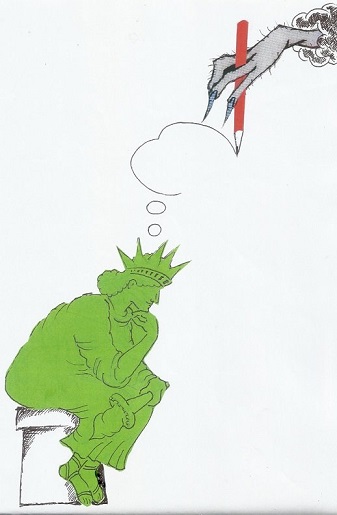 Thinker & Liberty statue cartoon
